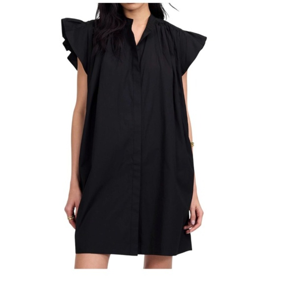 Madewell Black Flutter Sleeve V Neck Mini Dress Size L Cotton Poplin‎ NWT Girly